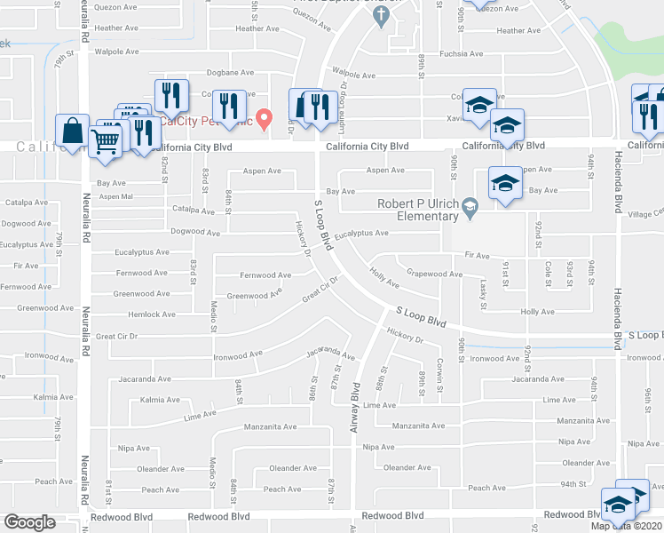 map of restaurants, bars, coffee shops, grocery stores, and more near 8672 South Loop Boulevard in California City