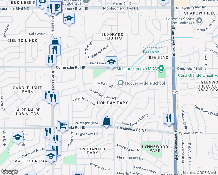 map of restaurants, bars, coffee shops, grocery stores, and more near 11900 Tivoli Avenue Northeast in Albuquerque