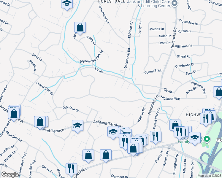 map of restaurants, bars, coffee shops, grocery stores, and more near 4293 Byrnewood Village Circle in Chattanooga