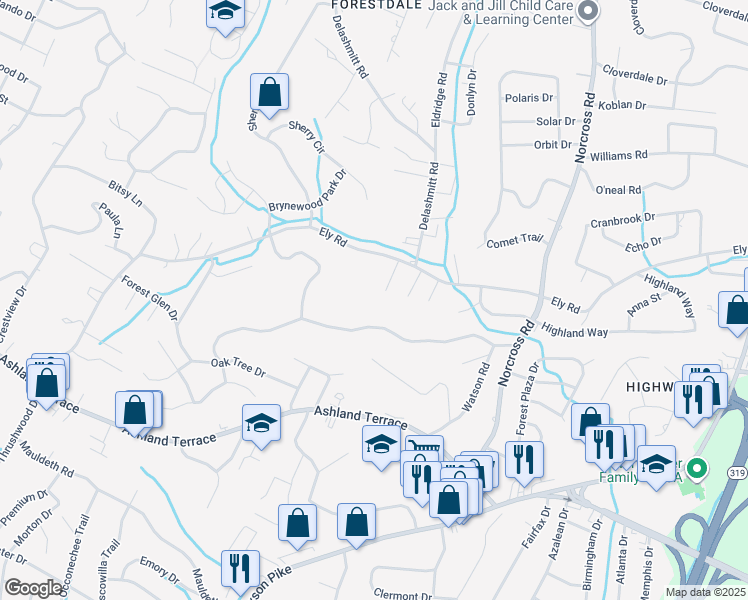 map of restaurants, bars, coffee shops, grocery stores, and more near 4293 Byrnewood Village Circle in Chattanooga