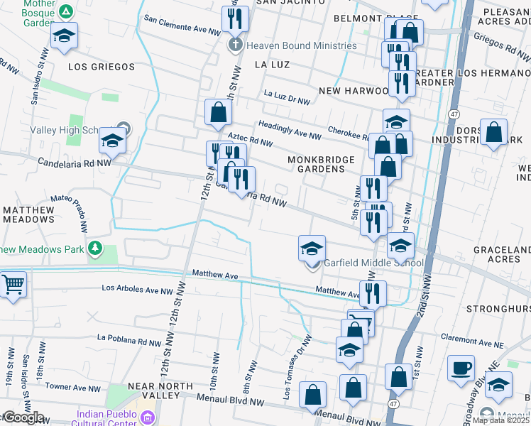 map of restaurants, bars, coffee shops, grocery stores, and more near 900 Candelaria Road Northwest in Albuquerque