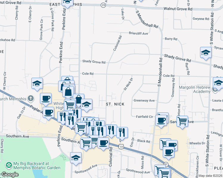 map of restaurants, bars, coffee shops, grocery stores, and more near 362 Colonial Road in Memphis