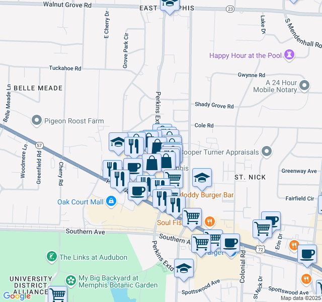 map of restaurants, bars, coffee shops, grocery stores, and more near 358 Perkins Extd in Memphis