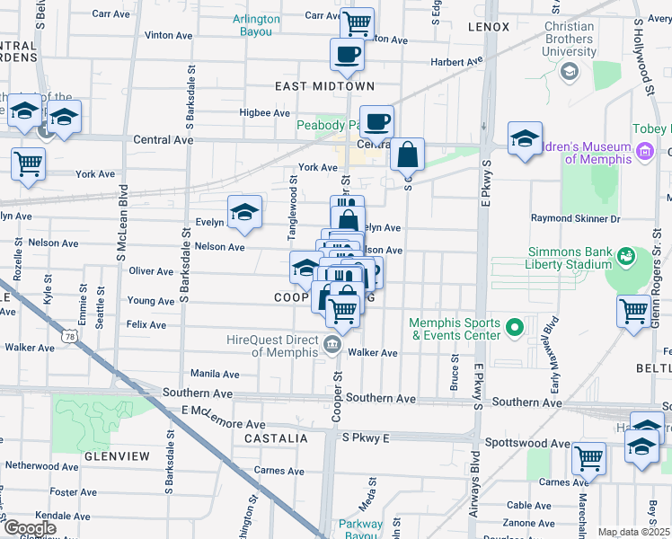 map of restaurants, bars, coffee shops, grocery stores, and more near 895s Cooper Street in Memphis