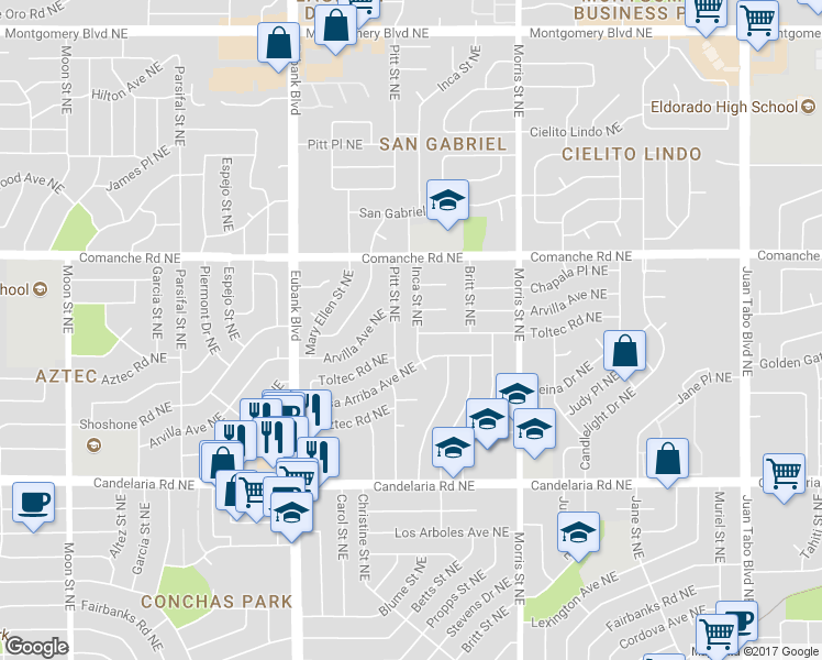 map of restaurants, bars, coffee shops, grocery stores, and more near 3421 Inca Street Northeast in Albuquerque
