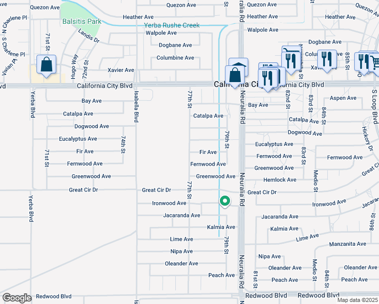 map of restaurants, bars, coffee shops, grocery stores, and more near 77th St & Fir Ave in California City