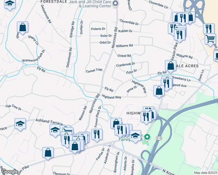 map of restaurants, bars, coffee shops, grocery stores, and more near 1405 Ely Road in Chattanooga
