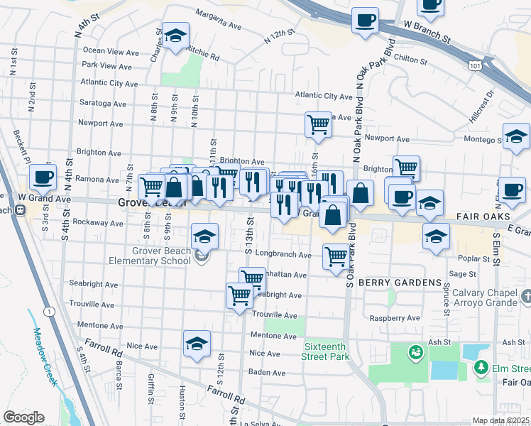 map of restaurants, bars, coffee shops, grocery stores, and more near 1328 West Grand Avenue in Grover Beach