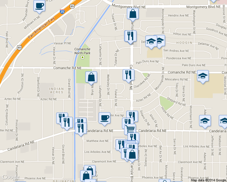 map of restaurants, bars, coffee shops, grocery stores, and more near 3417 Tulane Drive Northeast in Albuquerque