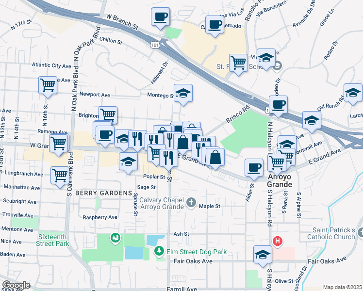 map of restaurants, bars, coffee shops, grocery stores, and more near 1198 East Grand Avenue in Arroyo Grande