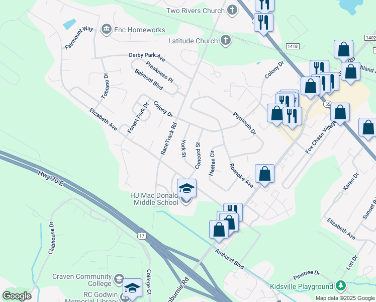map of restaurants, bars, coffee shops, grocery stores, and more near 1608 York Street in New Bern
