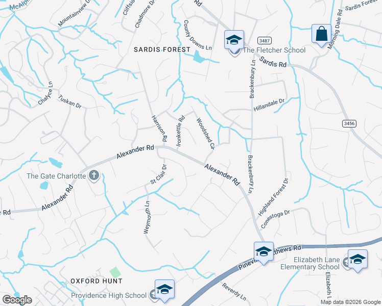 map of restaurants, bars, coffee shops, grocery stores, and more near 7631 Alexander Road in Charlotte