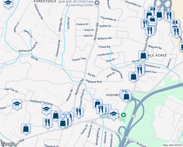map of restaurants, bars, coffee shops, grocery stores, and more near 1405 Ely Road in Chattanooga