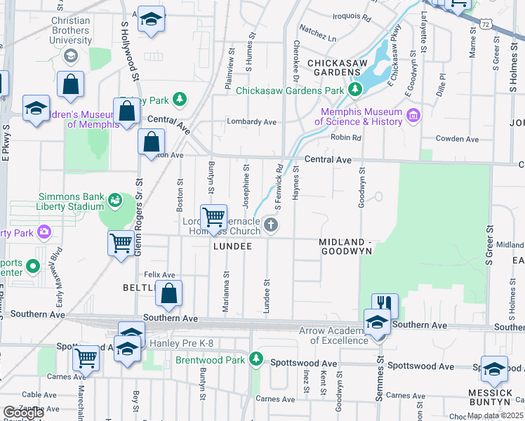 map of restaurants, bars, coffee shops, grocery stores, and more near 415 South Fenwick Road in Memphis
