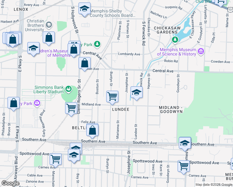 map of restaurants, bars, coffee shops, grocery stores, and more near 406 Buntyn Street in Memphis