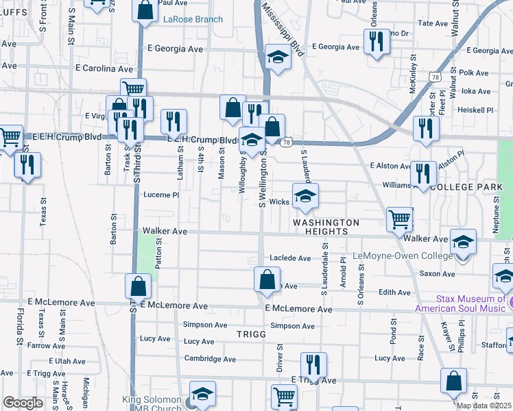 map of restaurants, bars, coffee shops, grocery stores, and more near 962 Willoughby Street in Memphis