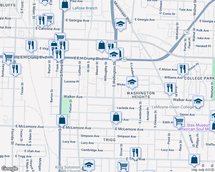 map of restaurants, bars, coffee shops, grocery stores, and more near 962 Willoughby Street in Memphis