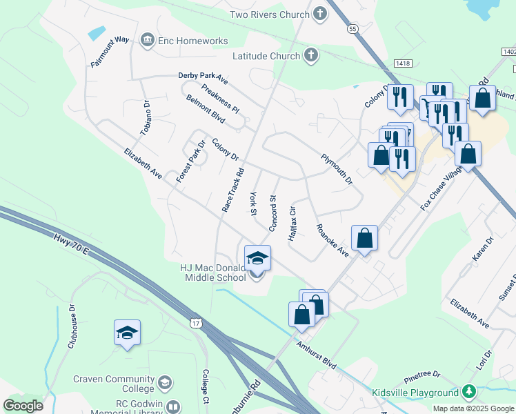 map of restaurants, bars, coffee shops, grocery stores, and more near 1608 York Street in New Bern