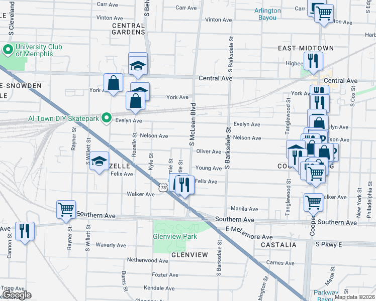 map of restaurants, bars, coffee shops, grocery stores, and more near 1825 Oliver Avenue in Memphis