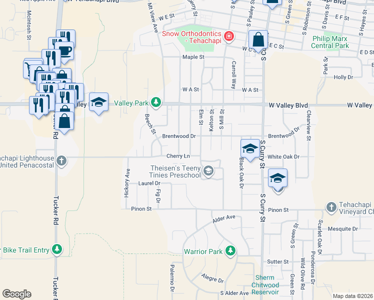 map of restaurants, bars, coffee shops, grocery stores, and more near 909 Mulberry Street in Tehachapi