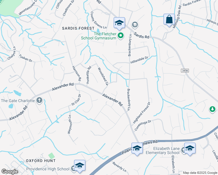 map of restaurants, bars, coffee shops, grocery stores, and more near 6709 Woodshed Circle in Charlotte