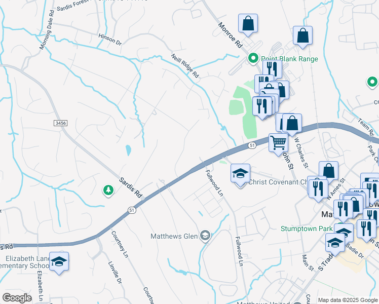 map of restaurants, bars, coffee shops, grocery stores, and more near 224 Charing Cross Drive in Matthews