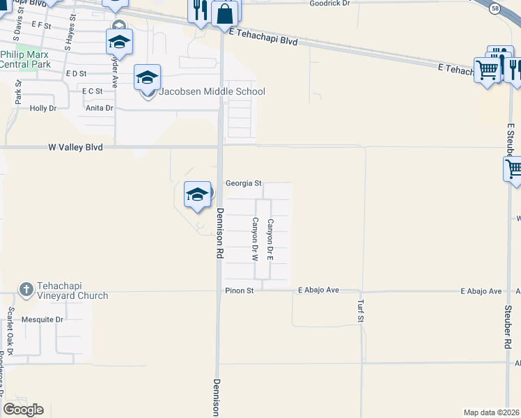 map of restaurants, bars, coffee shops, grocery stores, and more near 1002 Canyon Drive West in Tehachapi