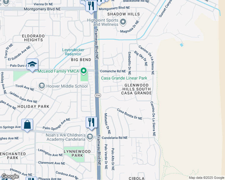 map of restaurants, bars, coffee shops, grocery stores, and more near 84 Pheasant Hill Drive in Albuquerque
