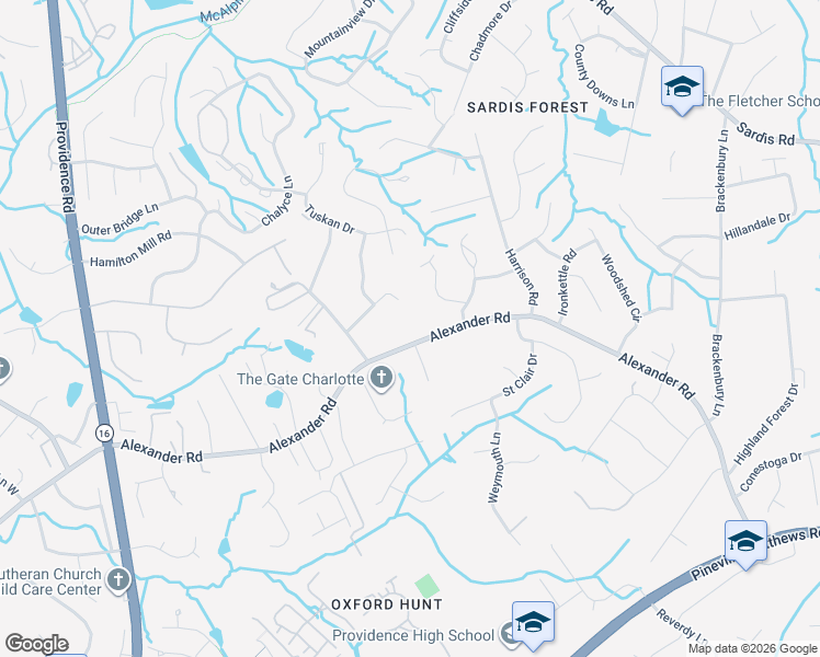 map of restaurants, bars, coffee shops, grocery stores, and more near 7125 Alexander Road in Charlotte