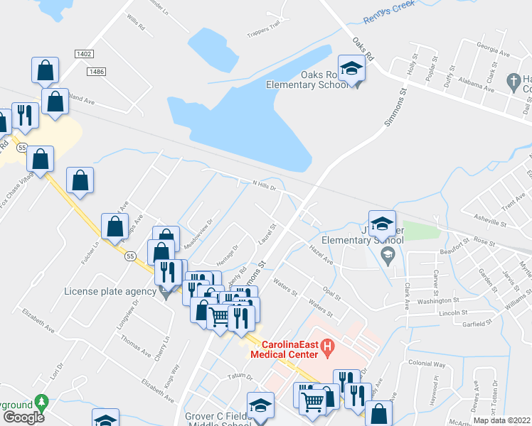 map of restaurants, bars, coffee shops, grocery stores, and more near 2500 Dogwood Drive in New Bern