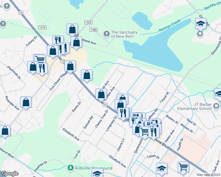 map of restaurants, bars, coffee shops, grocery stores, and more near 1311 Phillips Avenue in New Bern