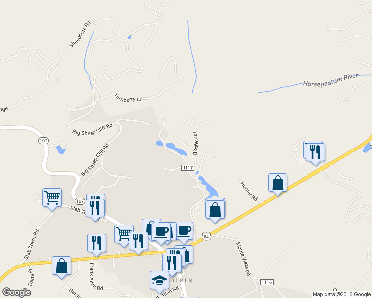 map of restaurants, bars, coffee shops, grocery stores, and more near 45 Tiny Trail Rd in Cashiers