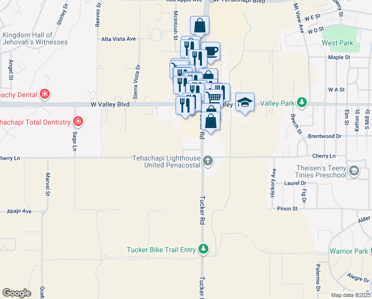 map of restaurants, bars, coffee shops, grocery stores, and more near 1195 Miller Lane in Tehachapi