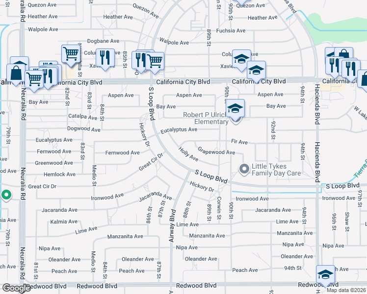 map of restaurants, bars, coffee shops, grocery stores, and more near 8773 Holly Avenue in California City