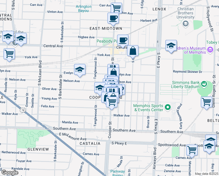 map of restaurants, bars, coffee shops, grocery stores, and more near 895 Cooper Street in Memphis