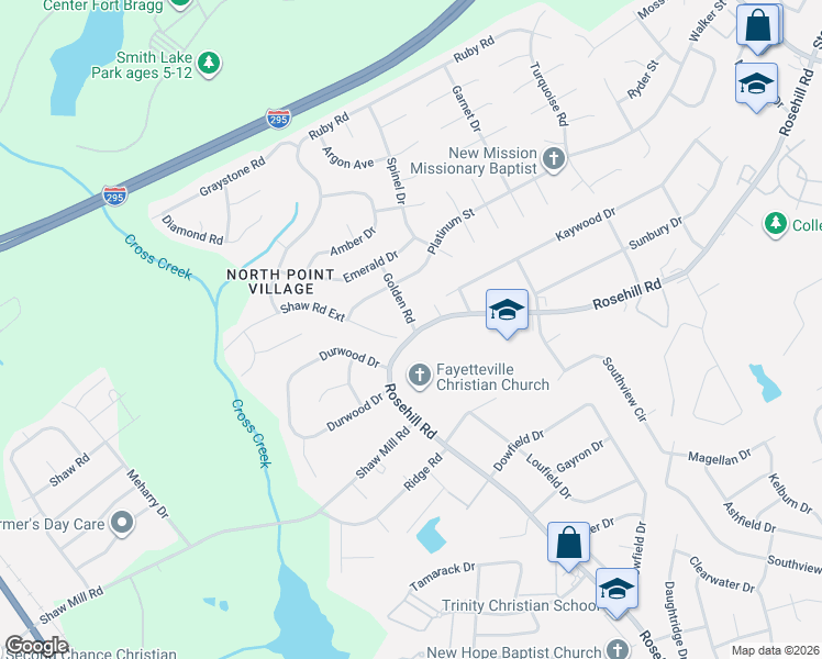 map of restaurants, bars, coffee shops, grocery stores, and more near 2269 Shaw Road Extension in Fayetteville