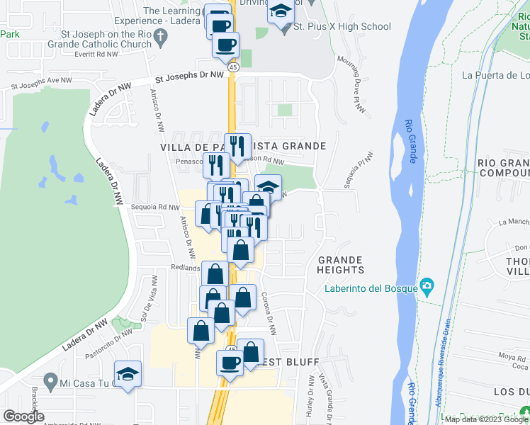 map of restaurants, bars, coffee shops, grocery stores, and more near 5310 Sequoia Road Northwest in Albuquerque