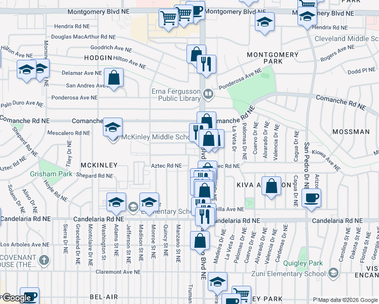 map of restaurants, bars, coffee shops, grocery stores, and more near 3325 San Mateo Boulevard Northeast in Albuquerque