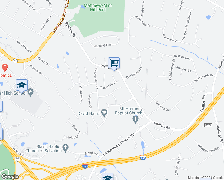 map of restaurants, bars, coffee shops, grocery stores, and more near 13701 Strathaven Drive in Matthews