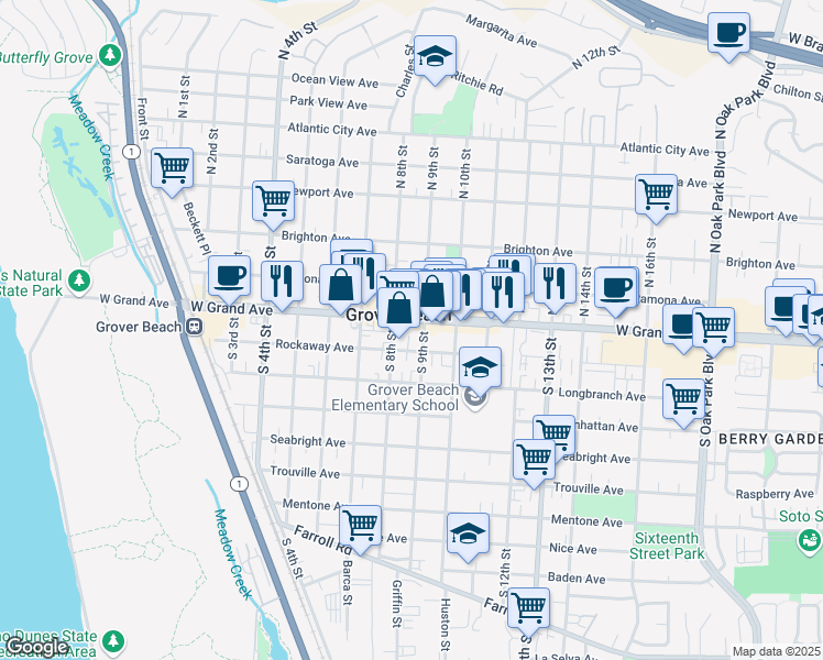 map of restaurants, bars, coffee shops, grocery stores, and more near 850 West Grand Avenue in Grover Beach
