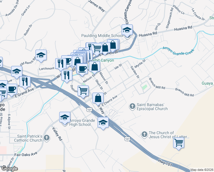 map of restaurants, bars, coffee shops, grocery stores, and more near 318 South Mason Street in Arroyo Grande