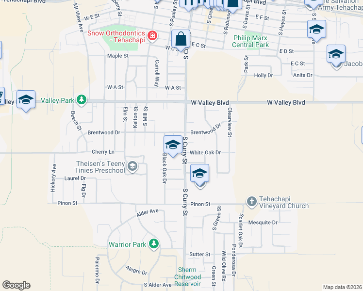 map of restaurants, bars, coffee shops, grocery stores, and more near 909 South Curry Street in Tehachapi