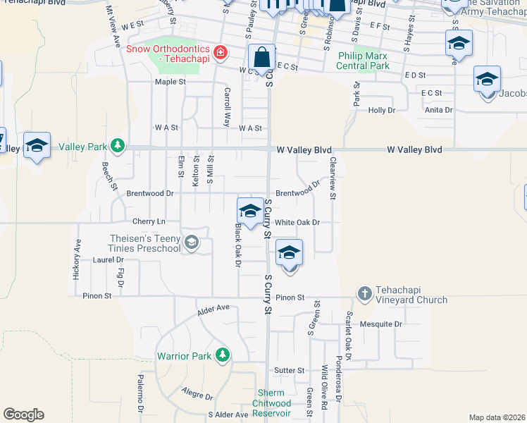 map of restaurants, bars, coffee shops, grocery stores, and more near 909 South Curry Street in Tehachapi