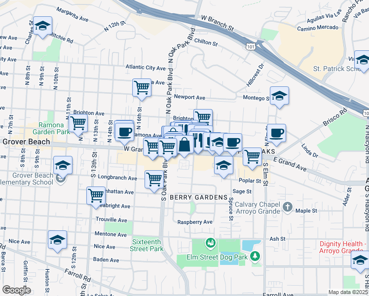 map of restaurants, bars, coffee shops, grocery stores, and more near 1540 East Grand Avenue in Arroyo Grande