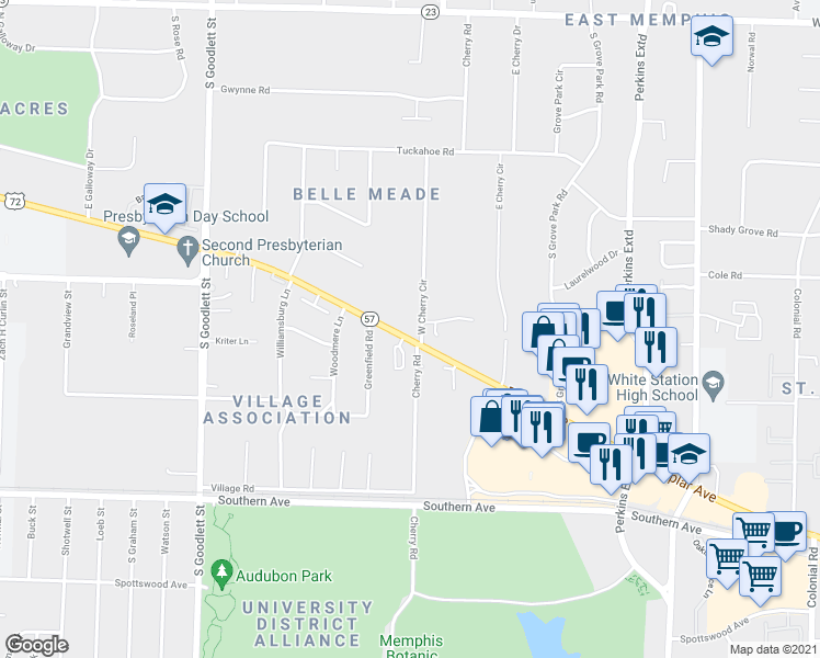 map of restaurants, bars, coffee shops, grocery stores, and more near 371 West Cherry Circle in Memphis