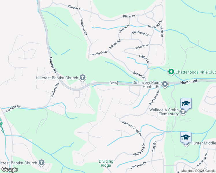 map of restaurants, bars, coffee shops, grocery stores, and more near 6111 Hunter Crest Drive in Ooltewah