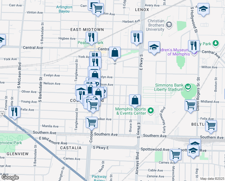 map of restaurants, bars, coffee shops, grocery stores, and more near 914 South Cox Street in Memphis