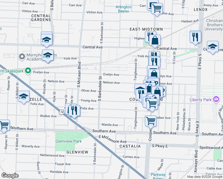 map of restaurants, bars, coffee shops, grocery stores, and more near 1954 Oliver Avenue in Memphis