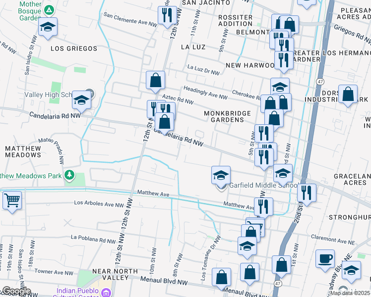 map of restaurants, bars, coffee shops, grocery stores, and more near 900 Candelaria Road Northwest in Albuquerque