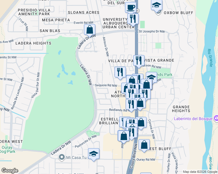 map of restaurants, bars, coffee shops, grocery stores, and more near in Albuquerque